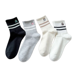 Women's cotton crew socks with cute bear embroidery and stripes in 4 colors