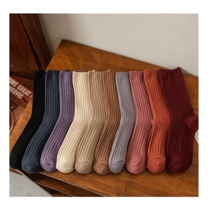 Set of 10 pairs of vintage ribbed cotton crew socks for women in assorted autumn colors