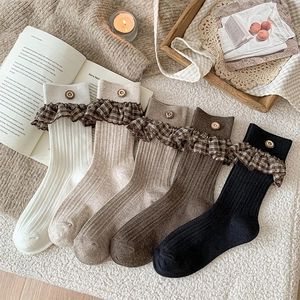 Women Calf Length Socks Ribbed Cotton Plaid Ruffle Trim Decorative Button Retro Preppy Style Mori Girl Warm Breathable