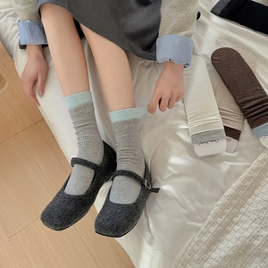 Japanese style vertical ribbed mid-calf socks with contrast trim in soft Morandi colors