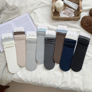 Women Ribbed Cotton Slouch Crew Socks Japanese Style Contrast Color Cuff Breathable Casual Preppy For Girls