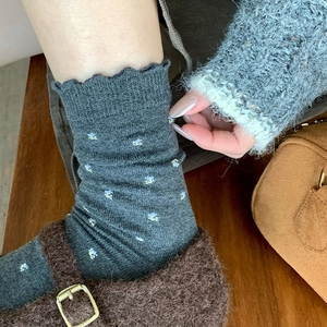 Vintage floral knit mid-calf socks with ruffle cuffs in charcoal grey wool blend
