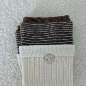 Detail of striped knitted socks and ribbed cuff with button decoration on white fleece