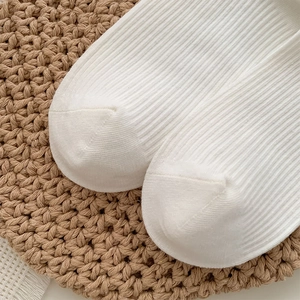 Gros plan sur la maille côtelée blanche et les coutures détaillées des chaussettes