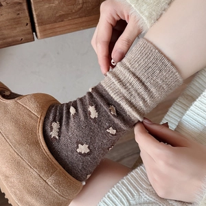 Detail of vintage leopard bear pattern knitted cotton socks with ribbed cuffs