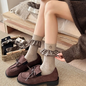 Retro plaid ruffled mid-calf socks for women with vintage button detail in beige