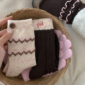 Detailed close-up of wool socks with knit textures, embroidery, and decorative buttons