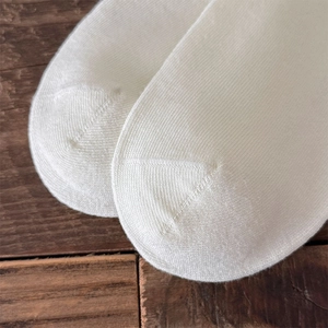 Gros plan de chaussettes Lolita blanches montrant la maille fine et la couture plate