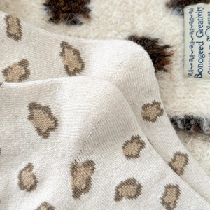 Close-up of leopard print knitted socks showing the warm texture and cotton material