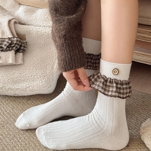 Retro plaid ruffled cuff white crew socks with decorative button for a vintage look