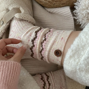 Speckled wool mid-calf socks with zigzag patterns, ruffle edge and vintage buttons