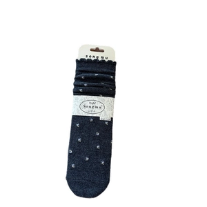 Retro floral knit wool socks with ruffled cuffs and vintage polka dot pattern in navy blue