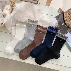 Chaussettes Côtelées En Coton Pour Femmes Bordure À Volants À Carreaux Bouton Fleur Style Mori Vintage