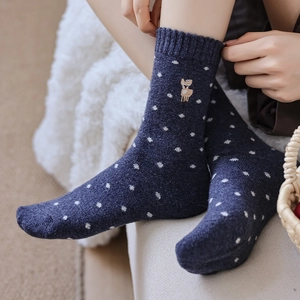 Navy wool crew socks with white polka dots and cute deer embroidery for winter warmth