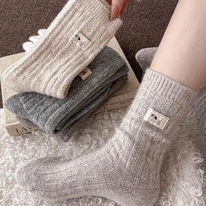 Winter thick wool socks for women with vintage cable knit and cute dog embroidery patches