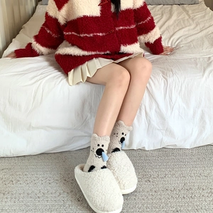 Cute cartoon pig coral fleece socks with 3D ears and fuzzy white slippers for home