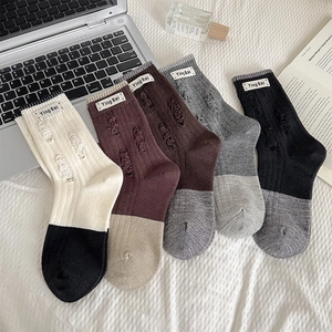 Vintage Women Wool Blend Slouch Socks Colorblock Distressed Torn Ribbed Knit Mid Tube Warm Fall Winter Fashion Accessory