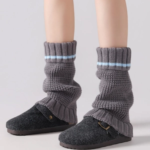 Thick grey knitted leg warmers with blue stripes and matching wool felt buckle slippers