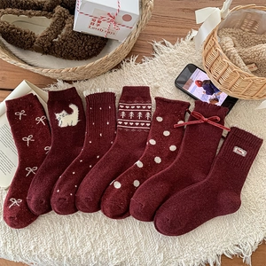 Women's Vintage Wine Red Slouch Socks Warm Wool Blend Knitted Socks With Velvet Bow Cat Heart Pattern Pile Socks