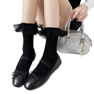 Sweet Lolita black bubble lace socks paired with leather Mary Jane shoes on white background