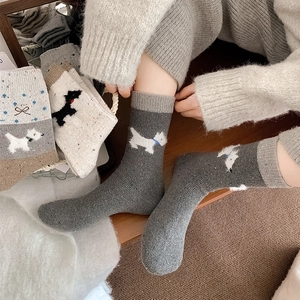 Fair-Isle-Wollsocken mit Scotty-Hunde-Muster, dicke Thermo-Wadenstrümpfe für Damen