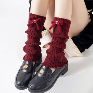 Sweet burgundy plaid bow knit leg warmers for women with trendy vintage style