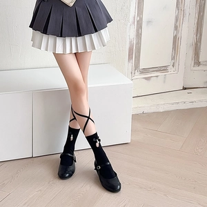 JK style cross-strap knee high socks with bows and black Mary Jane shoes set