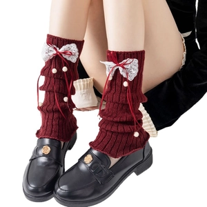 Burgundy checkered bow knit leg warmers with lace and pom-poms for winter fashion