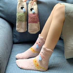 Cute cartoon pig coral fleece socks in pink, beige, and green with 3D animal details