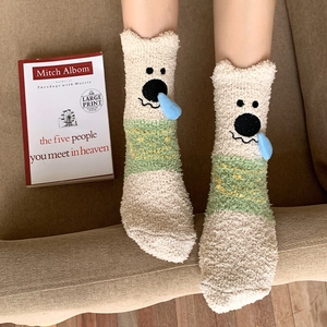 Cute cartoon pig thick coral fleece mid-calf socks for women warm winter home sleepwear