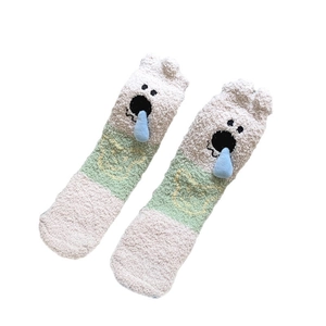 Thick coral fleece winter socks with cute cartoon bear and 3D blue water drop design