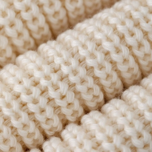 Macro shot of vertical rib knit pattern on cream leg warmers showing soft texture