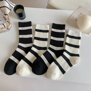 Women Mid Calf Socks Black White Striped Contrast Color Cotton Knit Ribbed Casual Preppy Style Fashion Crew Socks