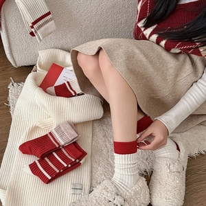 Winter festive red striped wool warm socks and white scarf set for New Year comfort