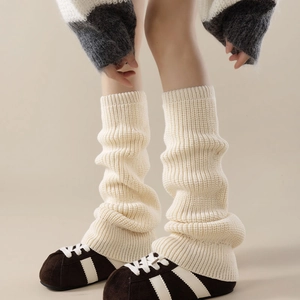Chic beige ribbed knit leg warmers for women in a cozy winter slouchy style