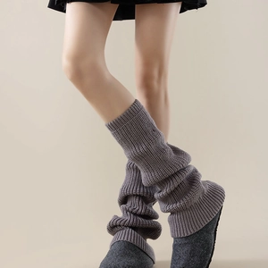 Deep grey vertical ribbed knit leg warmers for women with stylish slouchy layered design