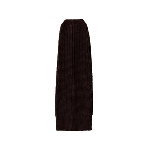 Deep brown vertical knit leg warmer for women with ribbed trim in classic preppy style