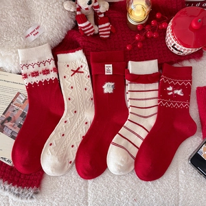 Women Christmas New Year Red Slouch Socks With Bows Dog Polka Dot Pattern Winter Warm Polyester Wool Blend Fashion Socks Holiday Gift