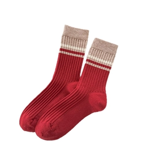 Women New Year red cotton crew socks with striped rib cuffs for autumn and winter