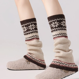 Fair Isle snowflake knit leg warmers with cozy fleece clogs for winter styling
