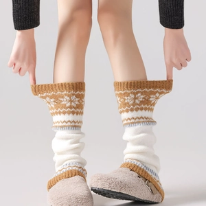 Fair Isle pattern knit leg warmers in mustard yellow and white for winter warmth