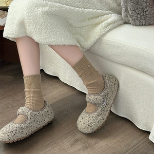 Plush wool Mary Jane shoes with velcro straps and anti-slip rubber soles for winter