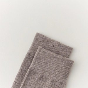 Close-up of dark brown wool calf socks showing vertical ribbed texture and knit details
