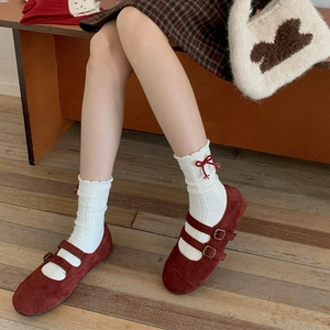 Vintage red Mary Jane shoes with plaid skirt and bow patterned white crew socks