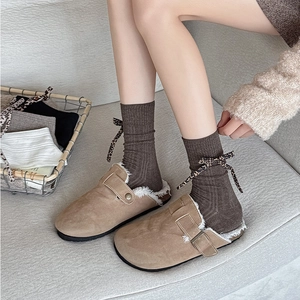 Cozy khaki suede mule slippers with plush faux shearling lining and stylish metal buckles