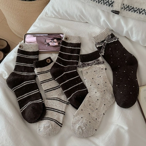 Women Retro Wool Blend Slouch Socks Sweet Bow-knot Flecked Yarn Striped Mid-tube Socks With Button Warm Winter Hosiery