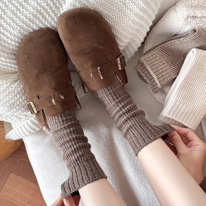 Close-up of brown suede clogs with metal buckle and warm white fleece lining