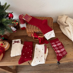 Women Mid Calf Socks Vintage Floral Plaid Bowknot Ruffle Warm Knit Winter Christmas Accessory