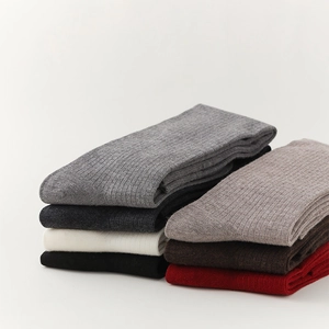 Detailed close-up of ribbed texture and multi-color wool knit calf socks stacked neatly