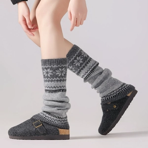 Fair Isle pattern knit leg warmers with grey felt clogs for cozy autumn winter style